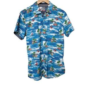JAM SESSION Men's Blue Graphic Print Hawaiian Shirt Size L Slim Fit Summer